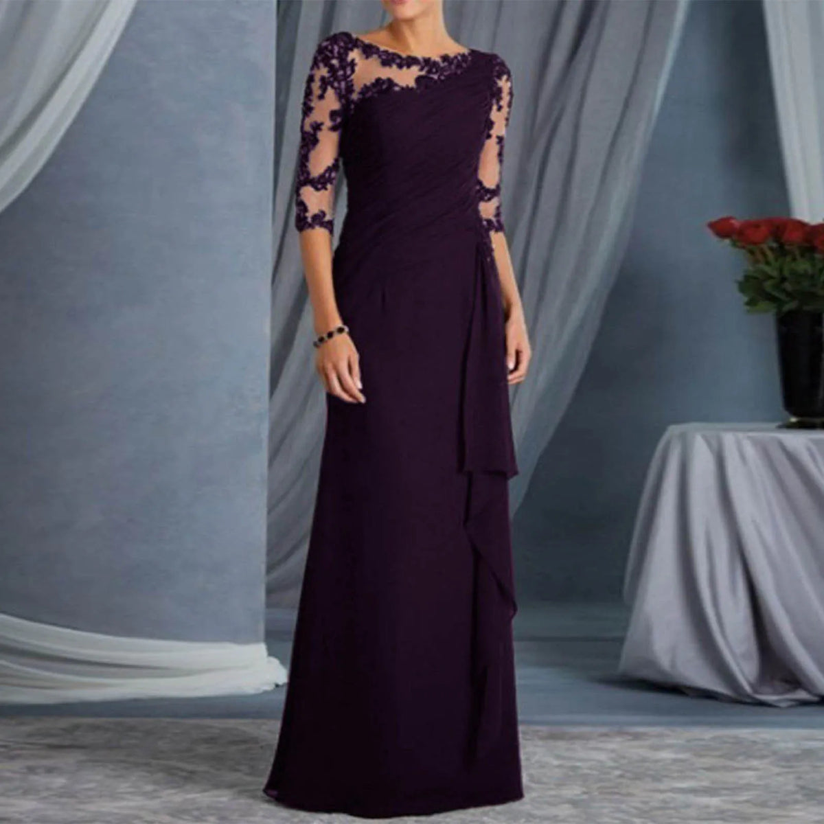 Women Elegant Lace Long Dress Sexy See Through Round Neck Mid Sleeve Dress Solid Color Evening Party Prom Dress Cocktail Gown