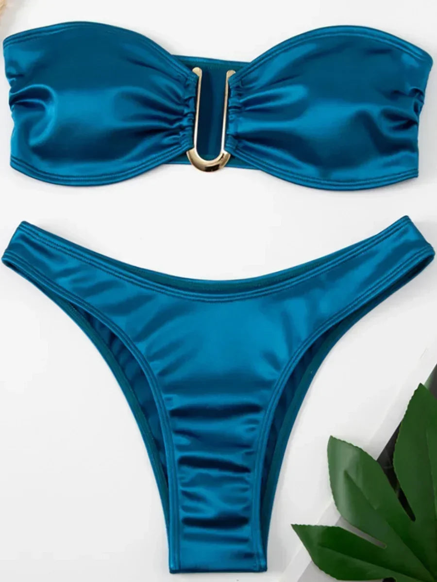 Shiny Bandeau Bikinis 2025 Strapless Bikini Female Swimsuit Women Swimwear Two-pieces Bikini Set High Cut Bathing Suit Swim Lady