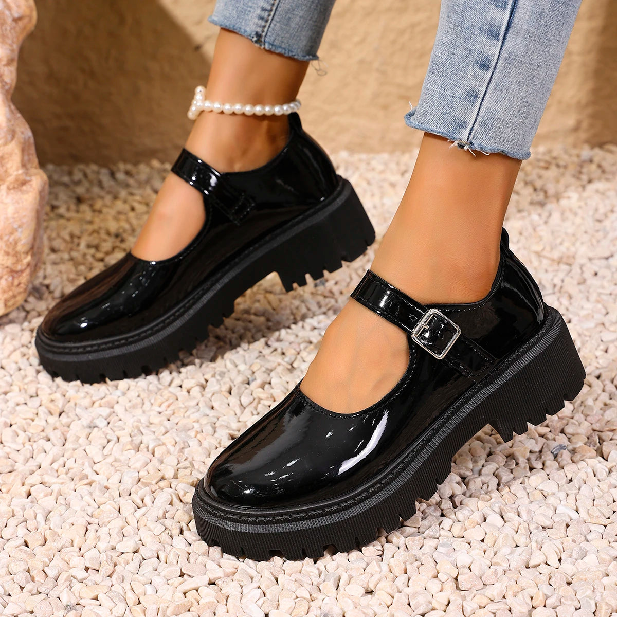 Women Buckle Strap Mary Janes Faux Patent Leather Lug‑Sole Round‑Toe Sweet Preppy JK Platform Casual Daily Shoes