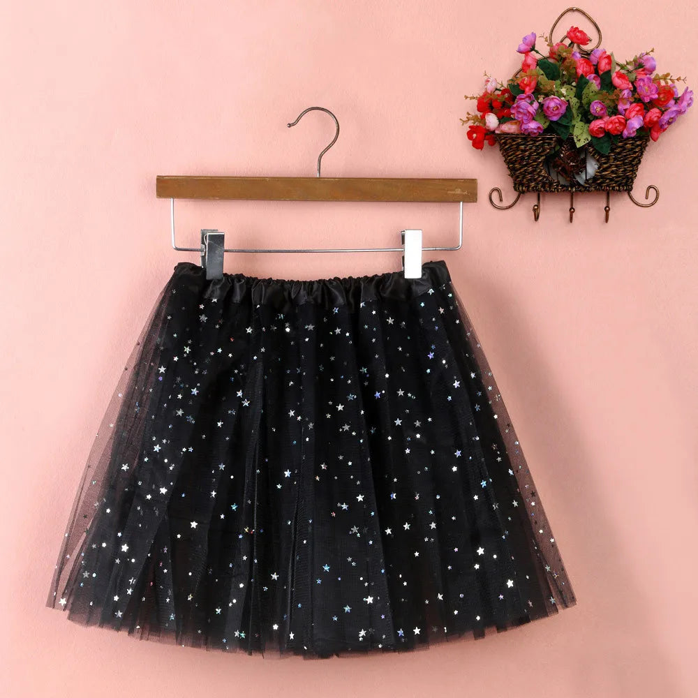 Womens Summer New Tulle Tutu Skirt Elastic Waist Silver Star Print Layered Mesh Mini Skirt Fluffy Carnival Party Dance Skirts