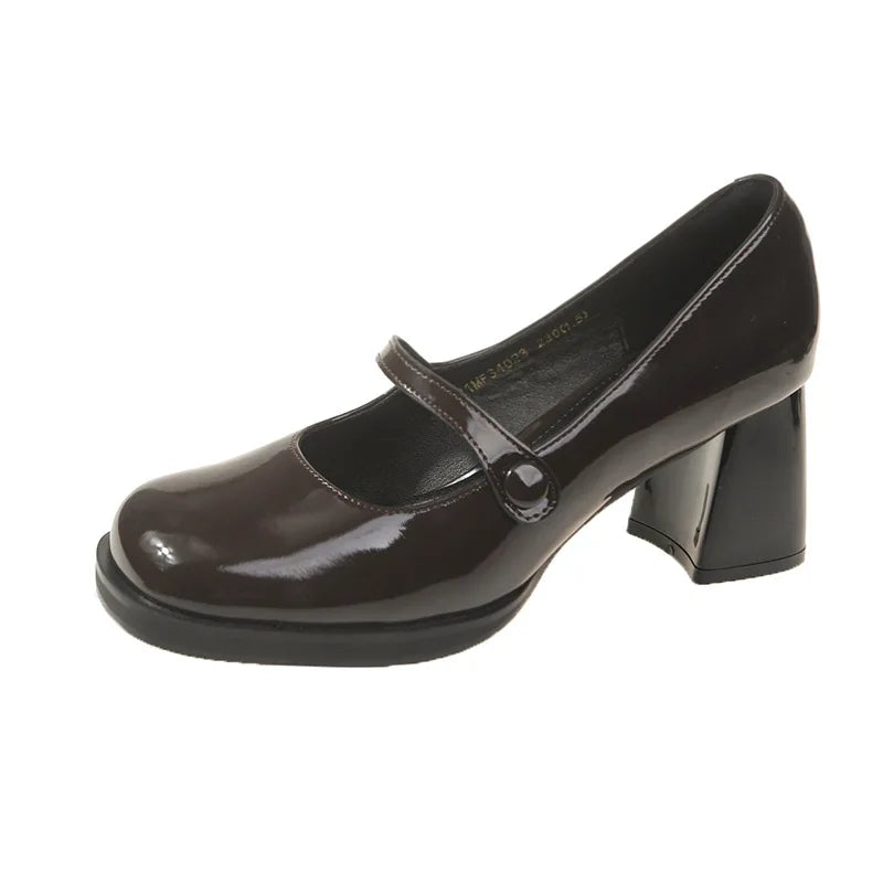 2026 New Patent Leather Brown Shoes Vintage Thick High Heels Mary Jane Shoes Women Woman Square Toe Chunky Heels Pumps Mujer