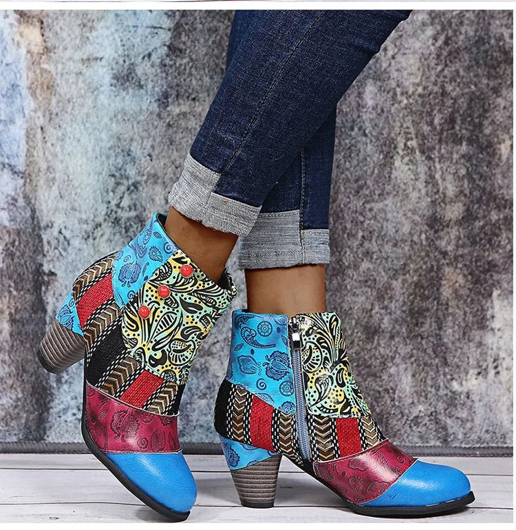 Ankle Boots Women Autumn PU Women's Shoes Ethnic Waterproof Casual Vintage Shoes Zipper High Heel Short Boots Botas Mujer