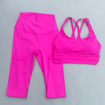 Solid Color Soft Women Gym Yoga Legging Set Cross Back Shoulder Strap Gym Yoga Bra+High Waist Sport Leggings 2pc Tight Sportwear