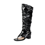 Plus Size Women Open Toe Thong Knee High Boots Metal Buckle Ruched Mid Block Heel Tall Sandal Boots Fashion Streetwear Long Boot