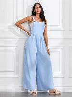 Women Fashion Jumpsuits Sleeveless Buttons Suspender Wide Leg Pant Overalls with Pockets Casual Loose Romper Streetwear