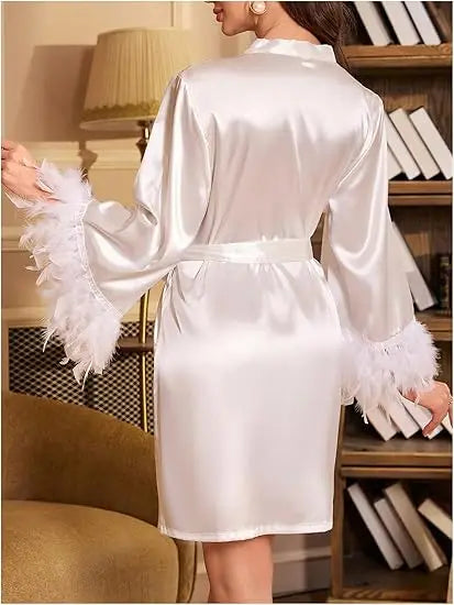 Women Robe Satin Vestidos De Novia Short Kimono Summer New Party Sleepwear Lady Sexy Feather Trim Home Clothing Bathrobe Gown