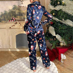 Women Satin Christmas Pajama Set Santa Snowflake Print Button Down Long Sleeve Top & Long Pants 2PCS Silk Sleepwear Loungewear