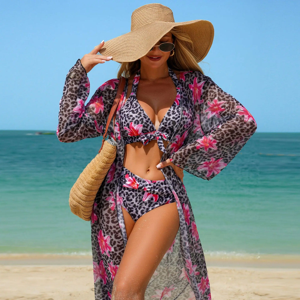 Blue Leopard Print Bikini Set Large Size Women Front Tie Push Up High Waist Swimsuit 2026 Long Sleeve Cover Up 3 Piece Swimsuit