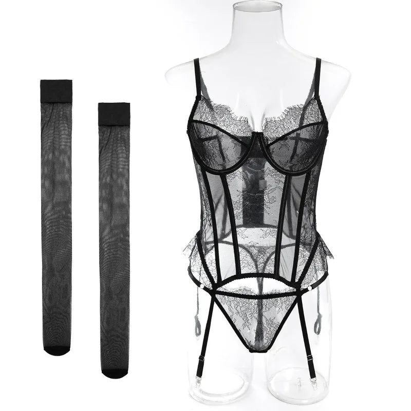 Toucheart Erotic Sexy See-through Lace Sling Women's Fishbone Breast Button Push-up Waist Women Hot Sexy Lingerie with Stockings