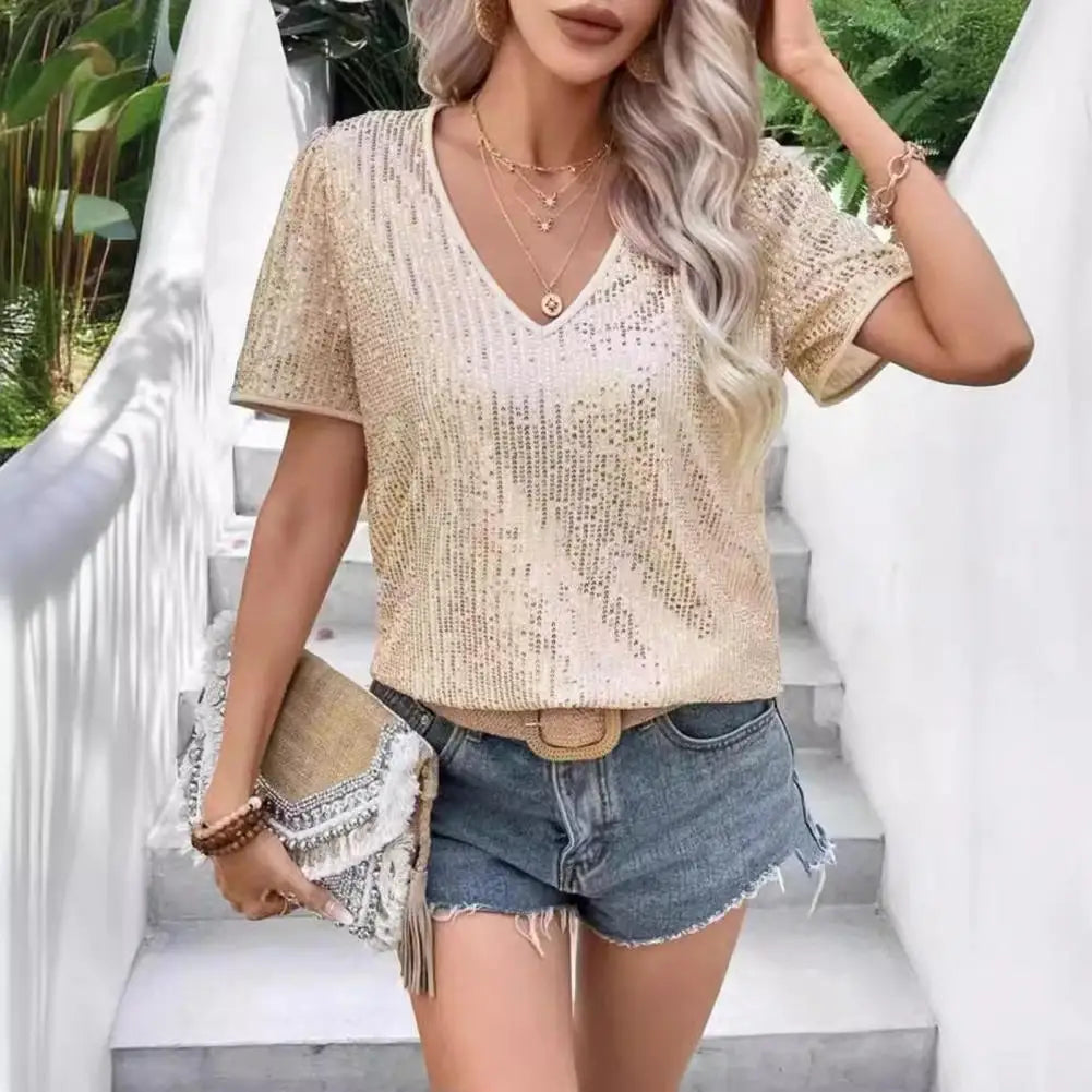 Shiny Sequins Tee Shirt Women T-shirt V-Neck Short Sleeve Loose Fit Summer Sexy Tops Holidays Parties Wear