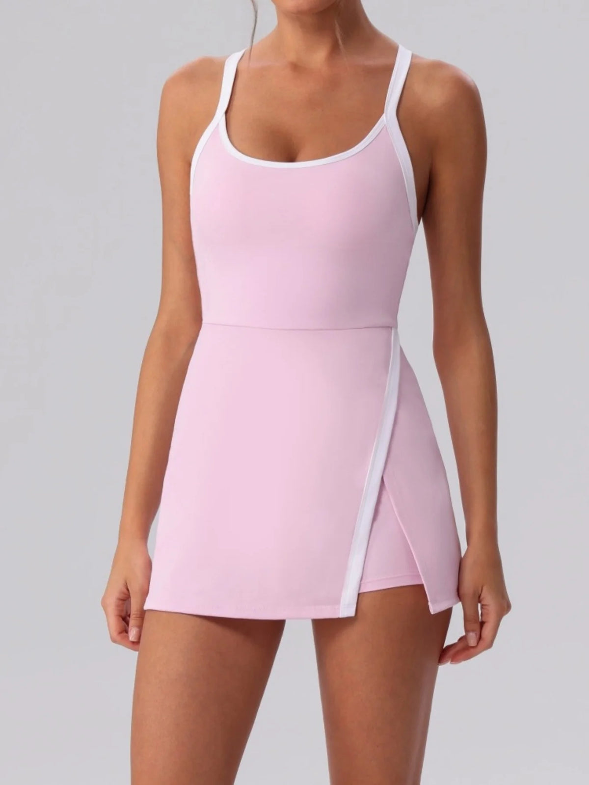 Color Contrast Tennis Dresses Women Beautiful Back Hollow Back Cross Split Skirt Pocket Sports Fitness One-piece Yoga Golf Suit