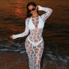 Women Sheer Mesh Long Sleeve Beach Fishnet Cover Up, Sexy See-Through Fishnet Dress, Solid BodyconFor Summer Beach Party