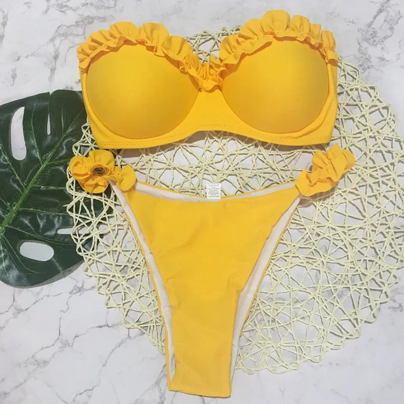 Leopard Ruffled Bra Cup Bikini 2025 Women Bandeau Swimsuit Female Swimwear Two Pieces Bikini Set Push Up Bathing Suit Swim Lady