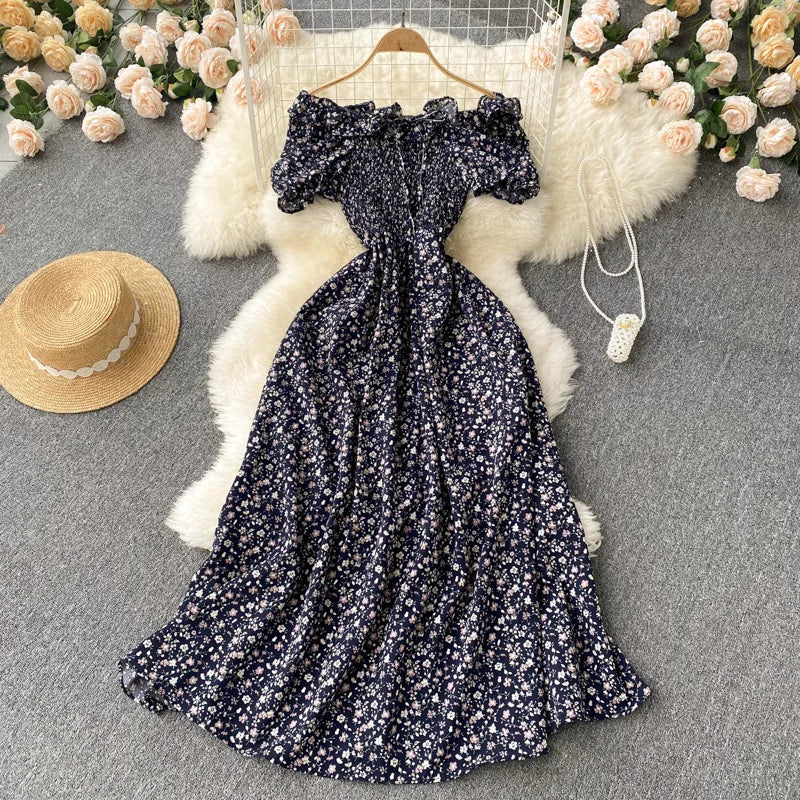 2025 Summer French Vintage Floral Dress Fashion Elegant High-Waisted Drawstring Vestidos Printed Fresh And Sweet Long Dresses