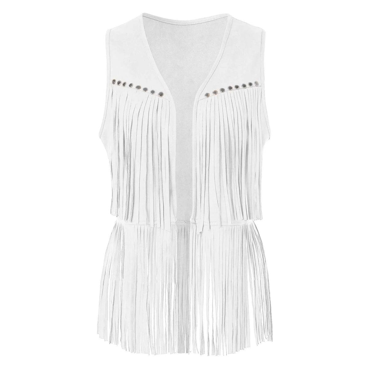 Women Tassel Fringe Vest Sleeveless Solid Waistcoat V Neck Open Front Cardigan Vintage Hippie Clothes Cowboy Cosplay Jacket