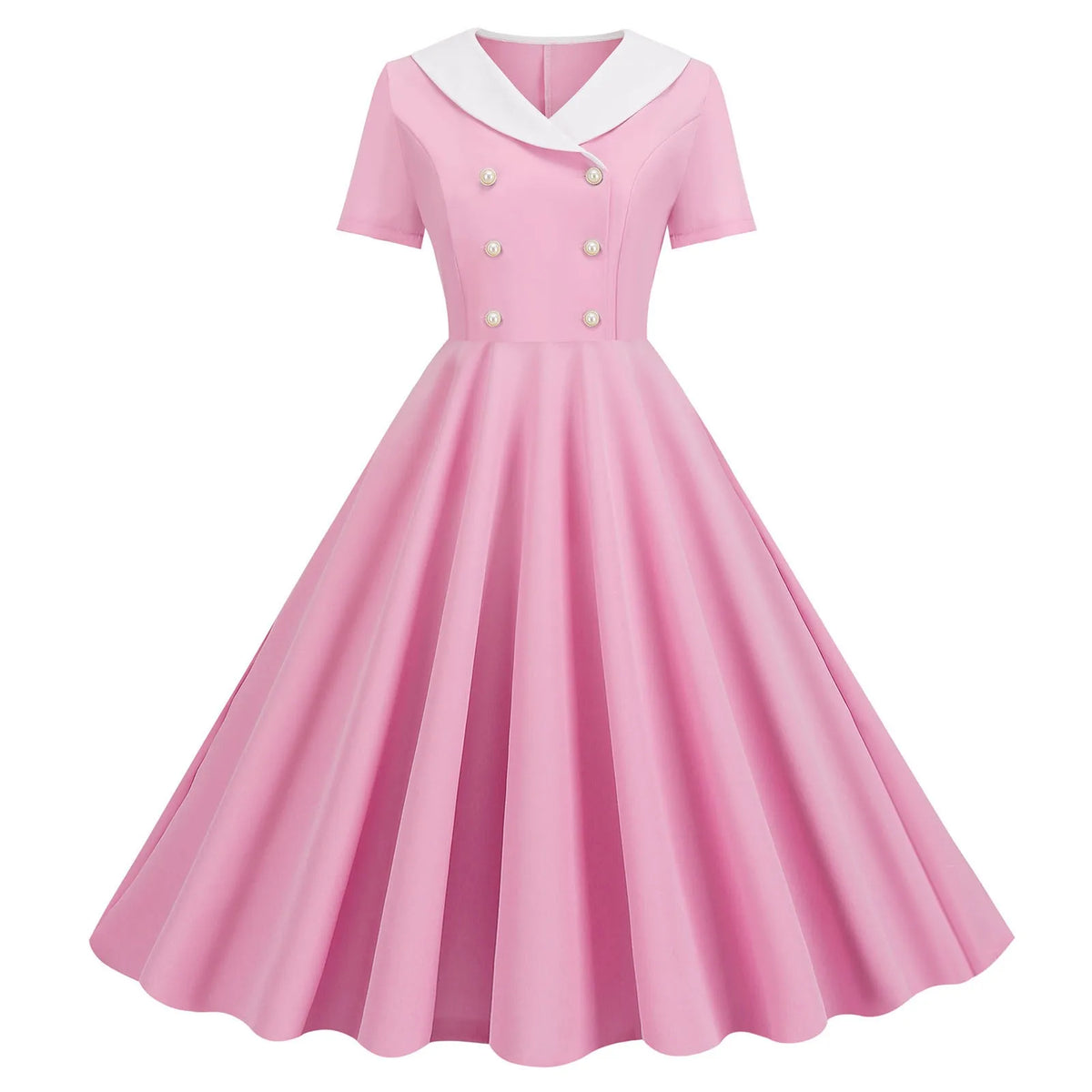 1950s Vintage 50s A-Line Evening Dress Short Sleeves V Neck Button High Waist Dresses Women's Prom Party Midi Dress Vestidos
