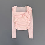 Women Square Neck Mesh Long Sleeve Yoga Top Shoulder Twist Side Ruched Soft Breathable Fitness Sports Tee ****
