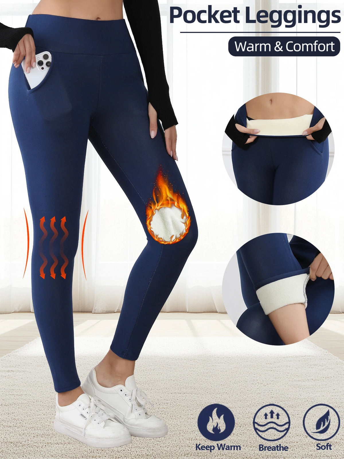 Winter Fleece Leggings Thick Pockets Pants Women High-Waisted Thermal Tights Tummy Control Super Warm Legging Casual Wear