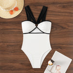 New White Black Patchwork Swimwear Women Halter Metal Ring Linked Hollow Out Slim Tummy Control One Piece Swimsuit Monokini 2025