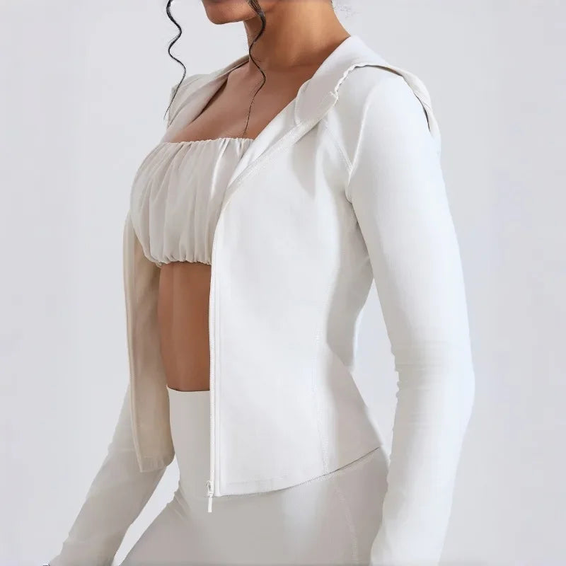 Women's Nude Faux Leather Yoga Top Windproof Tight Fitting Slimming Waist Cinching Zipper Sports Jacket Outdoor and Fitness Top