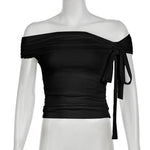 Korean Style Solid Color Women's Top Casual Slash neck Crop Top Fahionable Slim Fit White Tee Lady Summer Night Out Dress up