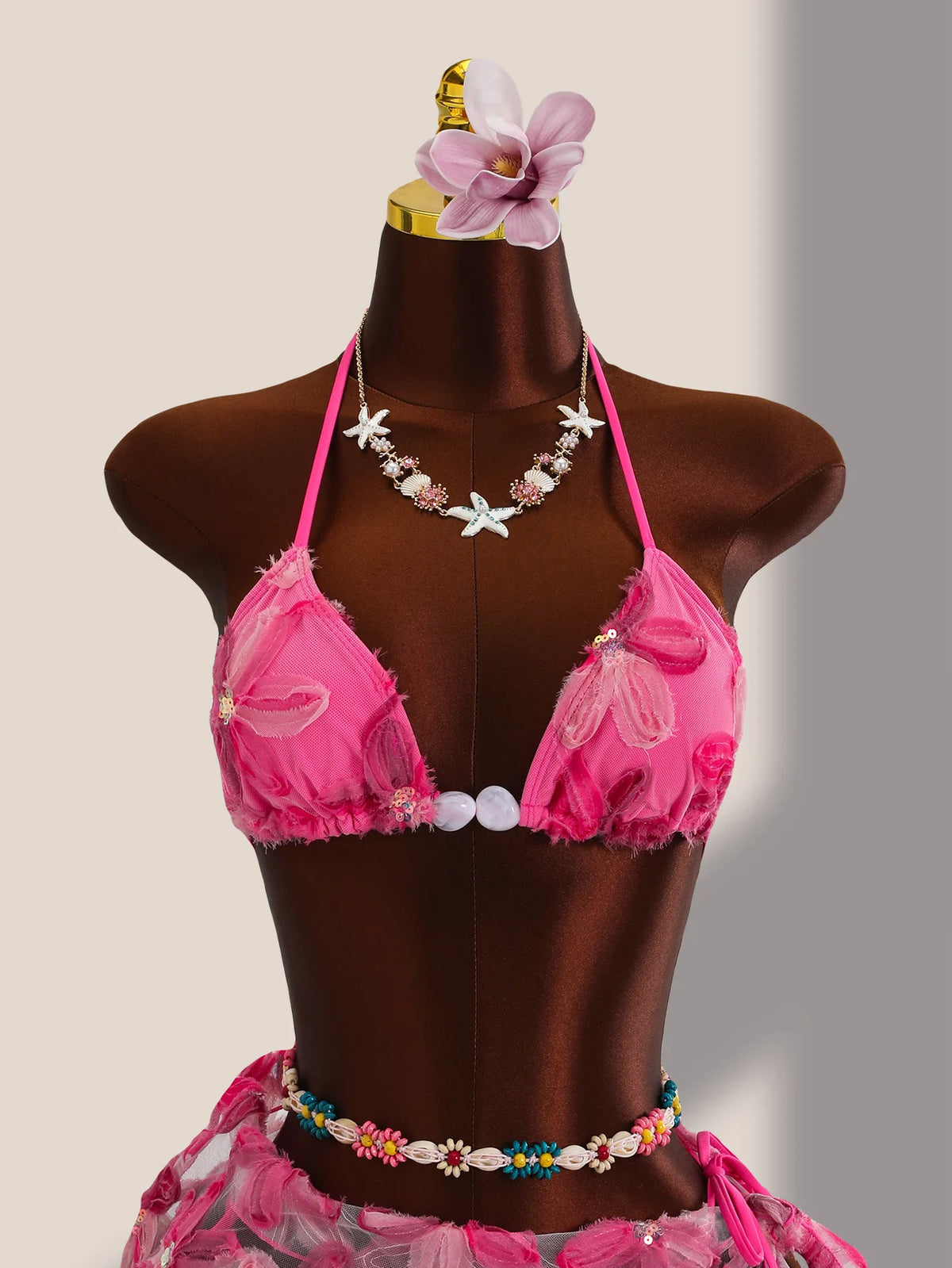 Sexy Pink Floral Embroidery Bikini Set 2026 Women Push Up Bra Triangle Swimsuit Holiday Bathing Suit Cover Up 3 Piece Swimwear