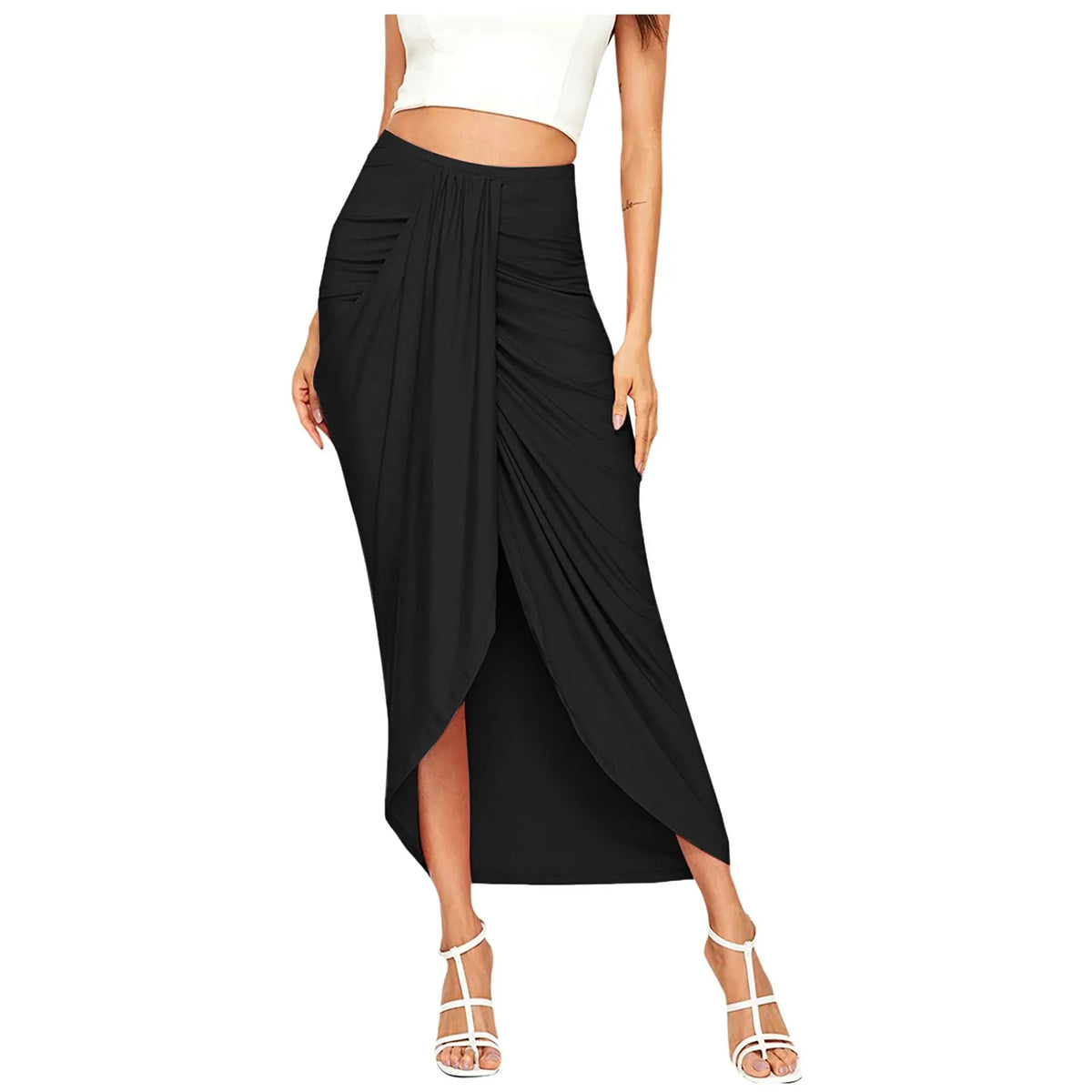 Women's High Waisted Ruched Maxi Skirt Pleated Solid Asymmetrical Split Hem Long Skirt Casual Draped Wrap Bodycon Summer Skirts