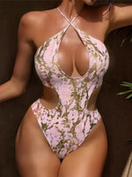 4 Colors Snake Skin Cut Out Halter Women Swimwear One Piece Swimsuit Female Padded High Cut Leg Bather Bathing Suit Swim K7413