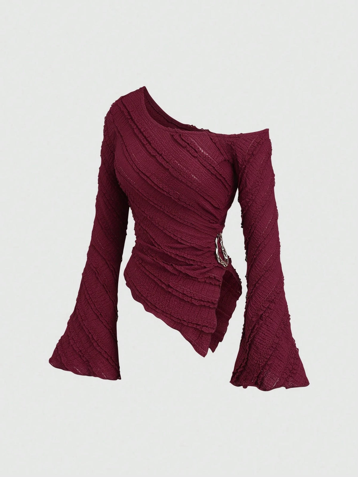 Women's Casual Textured Fabric Asymmetric Hem Flared Sleeves Blouse Commute Side Metal Decor One Shoulder Tops Spring/Fall 2026