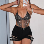 Women Rhinestone Fringe Halter Crop Top Deep V Neck Backless Tie Back Sparkly Body Chain Bra Bikini Top for Rave Festival Party