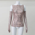 AHAgaga Sexy Tee T-shirt Women 2025 Summer Casual Letter Print Skinny See Through With Gloves Cropped Shirts Women Female Blusas