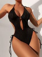 S - XXL Halter V Neck Wrinkled Female Swimwear One Piece Swimsuit Women Backless Monokini High Cut Bathing Suit Swim Beach Wear