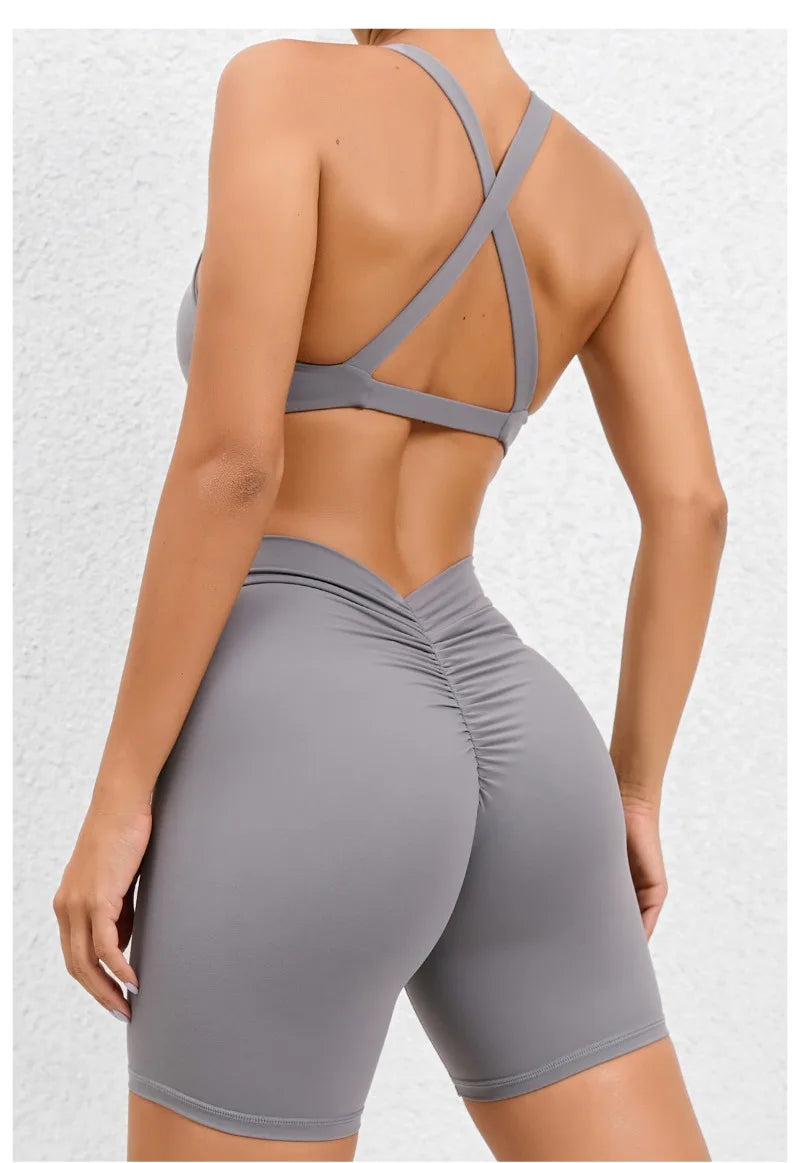 Seamless Yoga Fitness Sets Women High Waist Hip-Lifting Shorts & Sports Bra Workout for Running Gym
