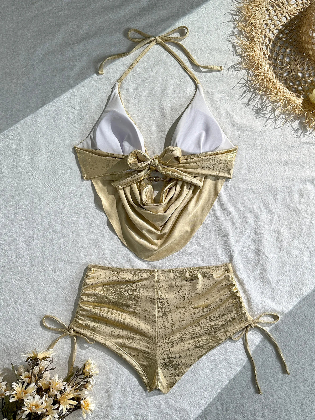 Sexy Hot Stamping Gold Swimwear Women 2026 Collar Split Top Drawstring Side High Waist Bikini Set Summer Bathing Suit Swimsuit