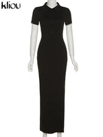 Kliou Elegant Office Lady Maxi Dress Women Solid Fashion Turn-down Collar Short Sleeve Button Side Slit Body-Shaping Street Robe
