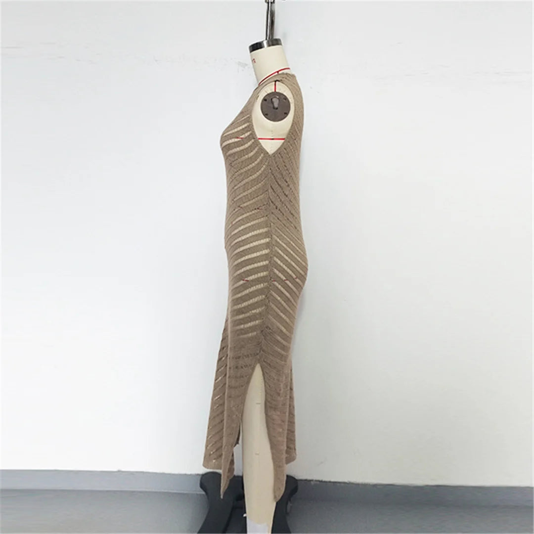 Hollow Out Sleeveless Crochet Knitted Tunic Beach Cover Up Cover-ups Mini Beach Dress Beach Wear Beachwear Female Women V6745