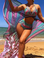 Women Bathing Suit 3 Piece Swimsuit Kimono Cross Wrap High Waist Bikini Beach Cover Up Swimwear Africa Print Bathing Suit Beach