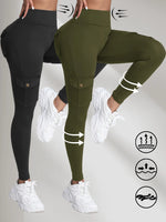 2PCS High Waist Lift Hip Pockets Woman Leggings Fitness Skinny Stretch Solid Color Sport Pants Daily Outdoors Running Leggings