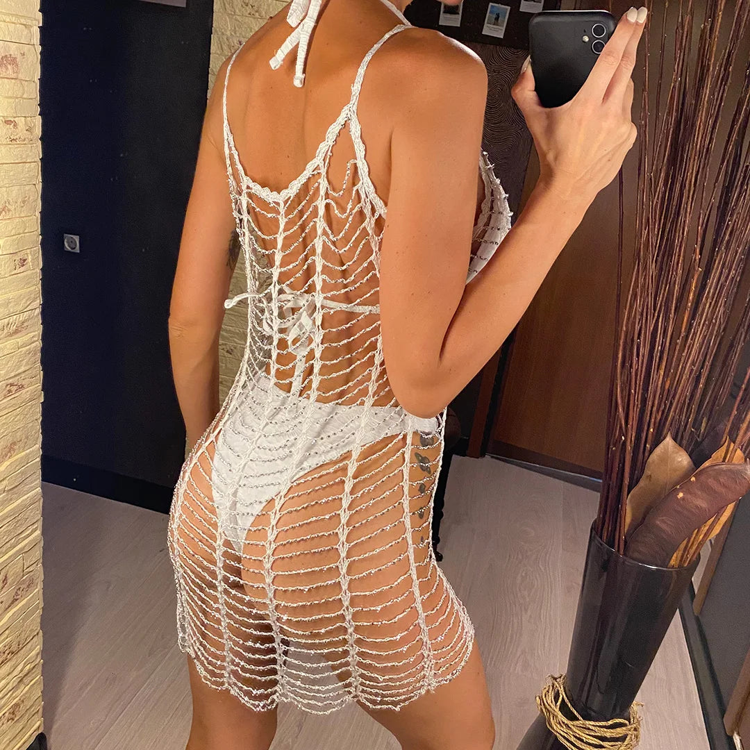 Luxury Bling Diamond Rhinestones Hollow Out Tunic Beach Cover Up Cover-ups Beach Dress Beach Wear Beachwear Female Women V4747SW