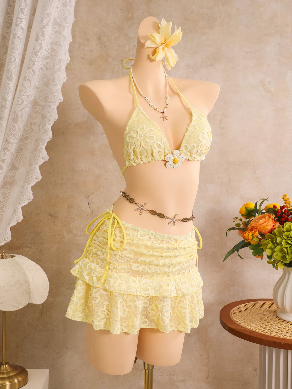 Vintage White Floral Embroidery Bikini Set 2026 Women 3D Flower Push Up Bra Pleate Skirt 3 Piece Swimsuit Bathing Suit Swimwear