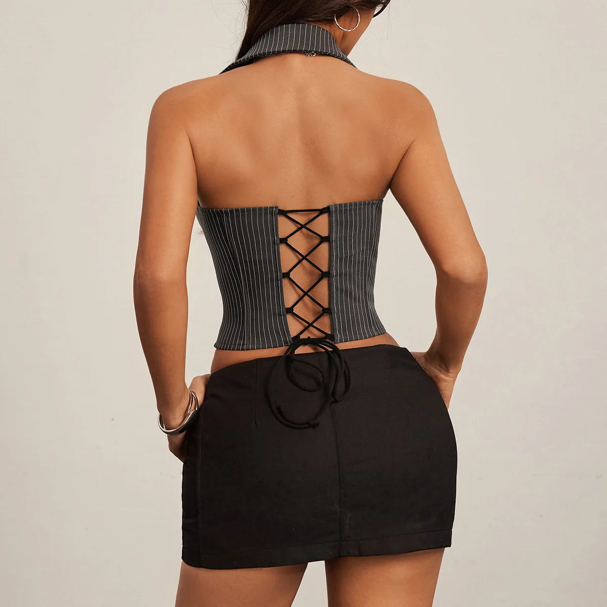 Sexy Gray Striped Turn Down Collar Camisole Women V Neck Front Tie Slim Fit Fishbone Tank Top Back Bandage Cross Club Party Vest