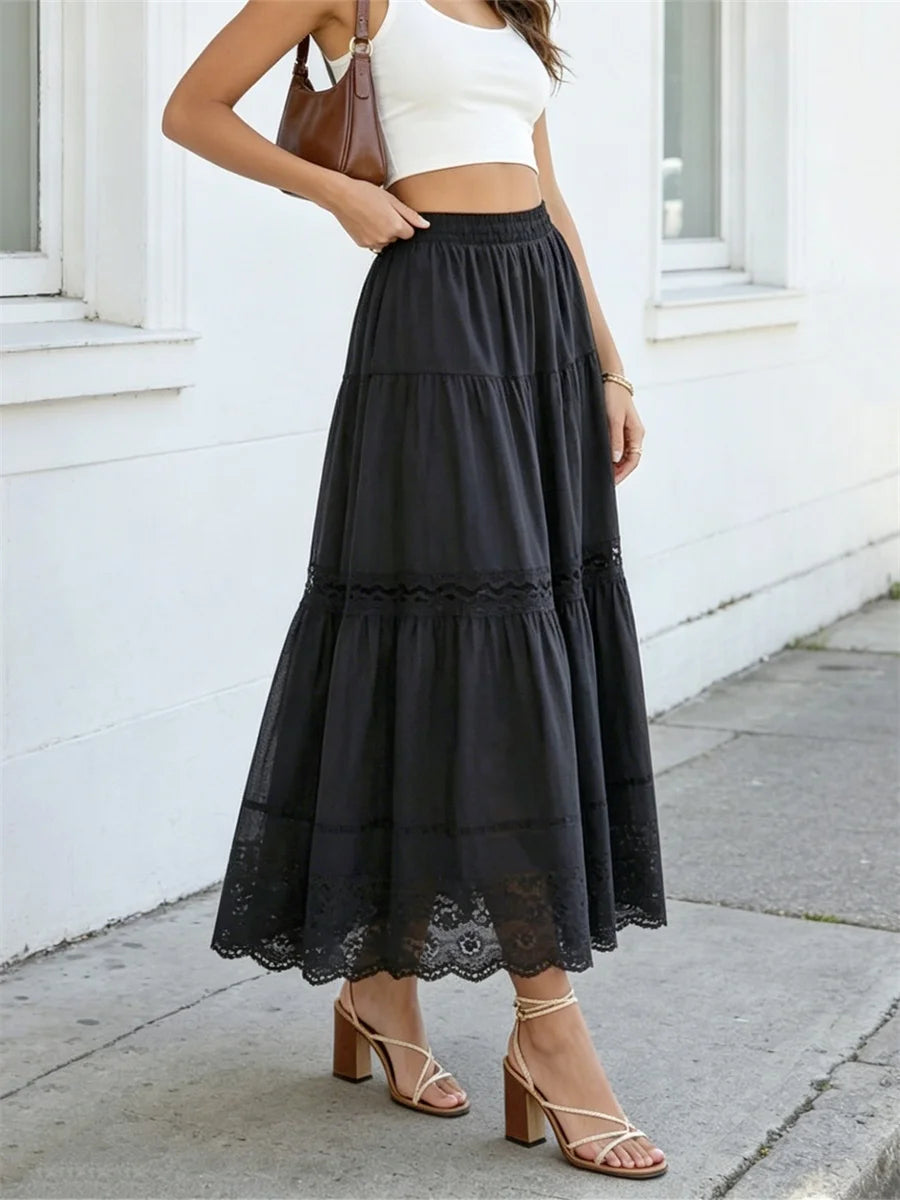 Women's Boho Long Skirts Hollow Out Hem Elastic Waist Loose Fit Pleated A-line Skirts Summer Casual Fashion Skirts