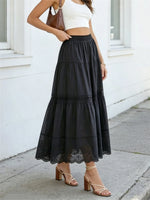 Women's Boho Long Skirts Hollow Out Hem Elastic Waist Loose Fit Pleated A-line Skirts Summer Casual Fashion Skirts