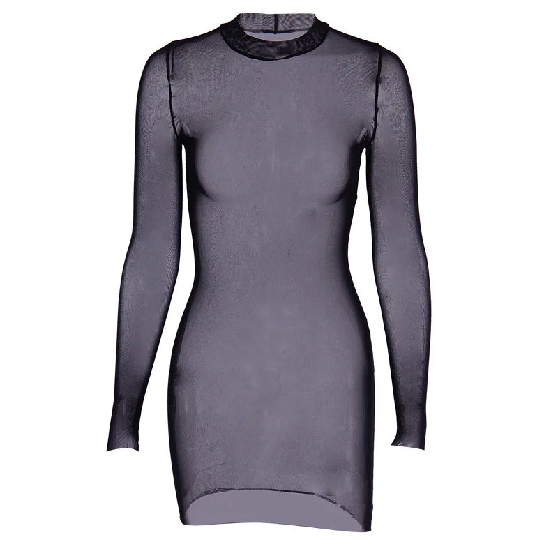 Women Mesh Dress Spring Autumn Sexy Sheer Mesh Long Sleeve Package Hip Sheath Dress Lady Sexy Club Body Wrap Mini Short Vestidos