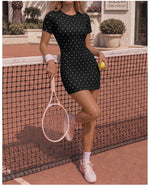 Retro Polka Dot Sports Tennis Dresses Women Quick Drying Round Neck Short Sleeve Back Hollow Cross Slim Yoga Golf Fitness Dress