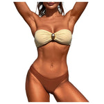 Womens Bandeau Strapless Bikini Set Metal Ring Decor Front Twist Two Piece Swimsuit Sexy Backless Cheeky Brazilian Bathing Suits