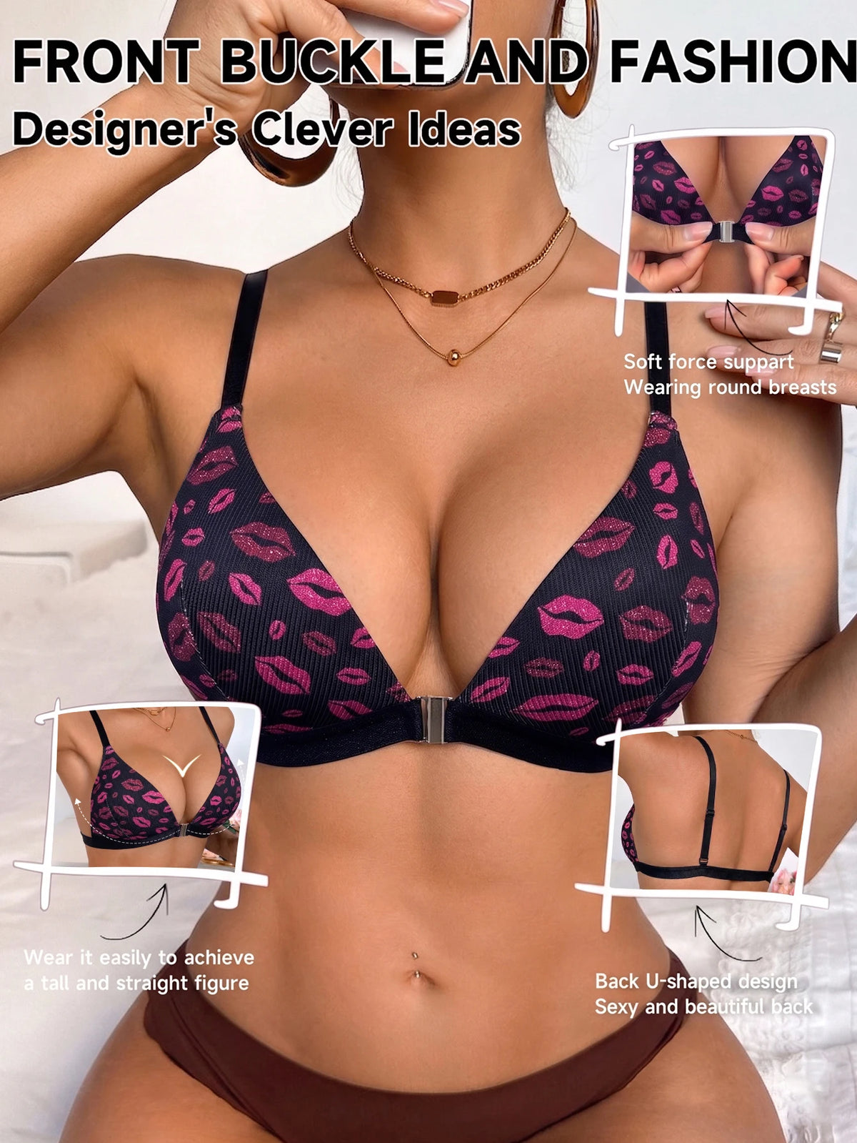 Lips Pattern Women Sexy Bra Front Closure Wireless Adjustable Straps Comfort Push‑Up Everyday Lingerie