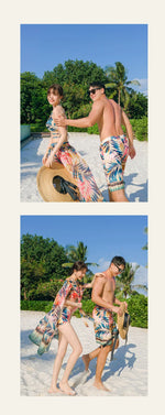 Print High Waist High Neck Swimsuit 3 Pcs Bikini Set Women Men's Swim Shorts Summer Surfing Suit Couples Bathing Suit Holiday