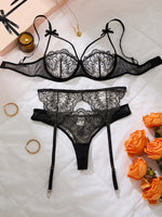 Ladies' sexy bowlace lace lingerie set - ultra-thin see-through bra, thong, garter belt set ZA825205