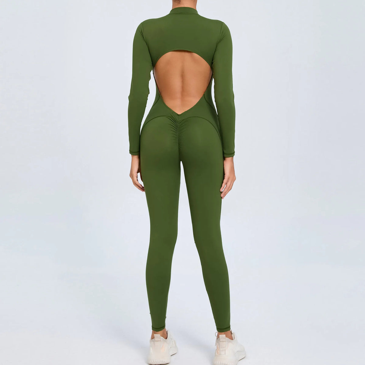 Women's Seamless Yoga Bodysuit Long Sleeve Zipper & Back Cutout Naked Feeling Quick-Dry Running Fitness Workout Jumpsuit